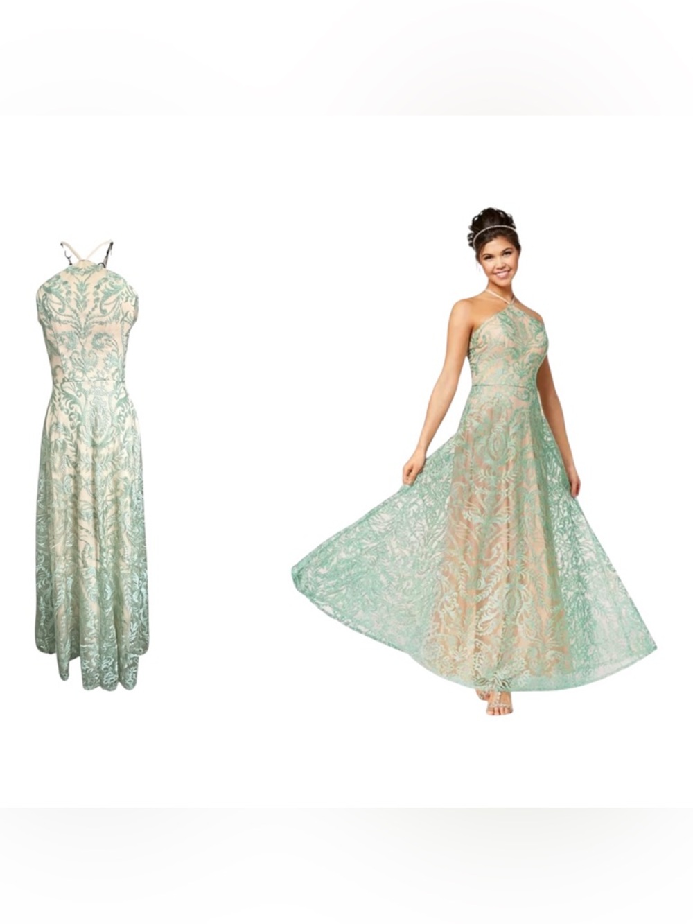 Fairycore Mint Green Prom Dress 3 Strappy Back Embroidered Tulle Formal Gown